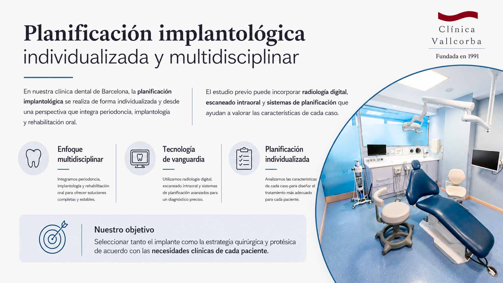 infografia de clinica vallcorba sobre planificacion implantologica en clinica dental de barcelona | Tipos de implantes dentales segun su diseño conexion y superficie